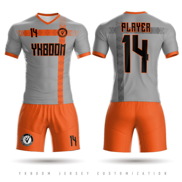 Custom Soccer Team uniforms (Jerseys &shorts) Full Sublimated Team name Player Names, Logo and Numbers, 22/23 new design football jerseys grey/orange